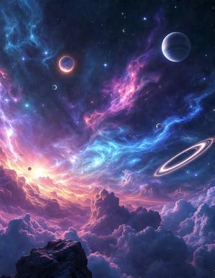 The primary subject of the image is a vibrant and colorful space scene featuring a purple and blue background. The setting includes a cloudy sky, a planet, and a moon. The visual style of the image is digital art, creating a unique and captivating atmosphere. The dominant colors in the scene are purple and blue, which contribute to the overall mood of the image.